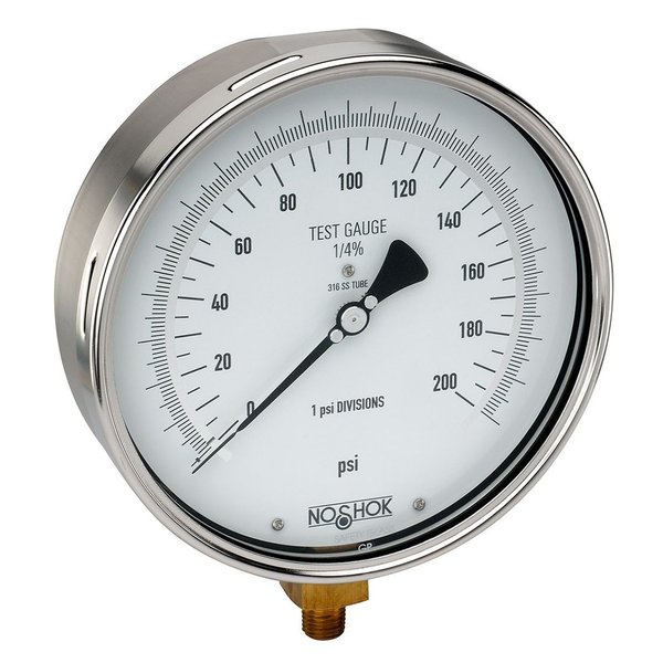 Noshok Precision Test Gauge, 6" 304SS Case, Copper Alloy Internals, 200 psi, 1/4 NPT Bottom Conn 60-800-200-psi